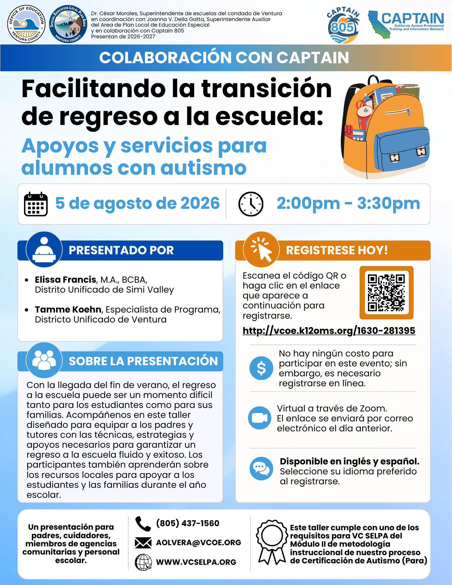 Flyer for Easing the Transition Back to School August 5, 20206